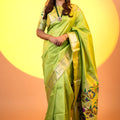 Parrot Green Paithani Silk Saree with Golden Zari Border Floral Pallu