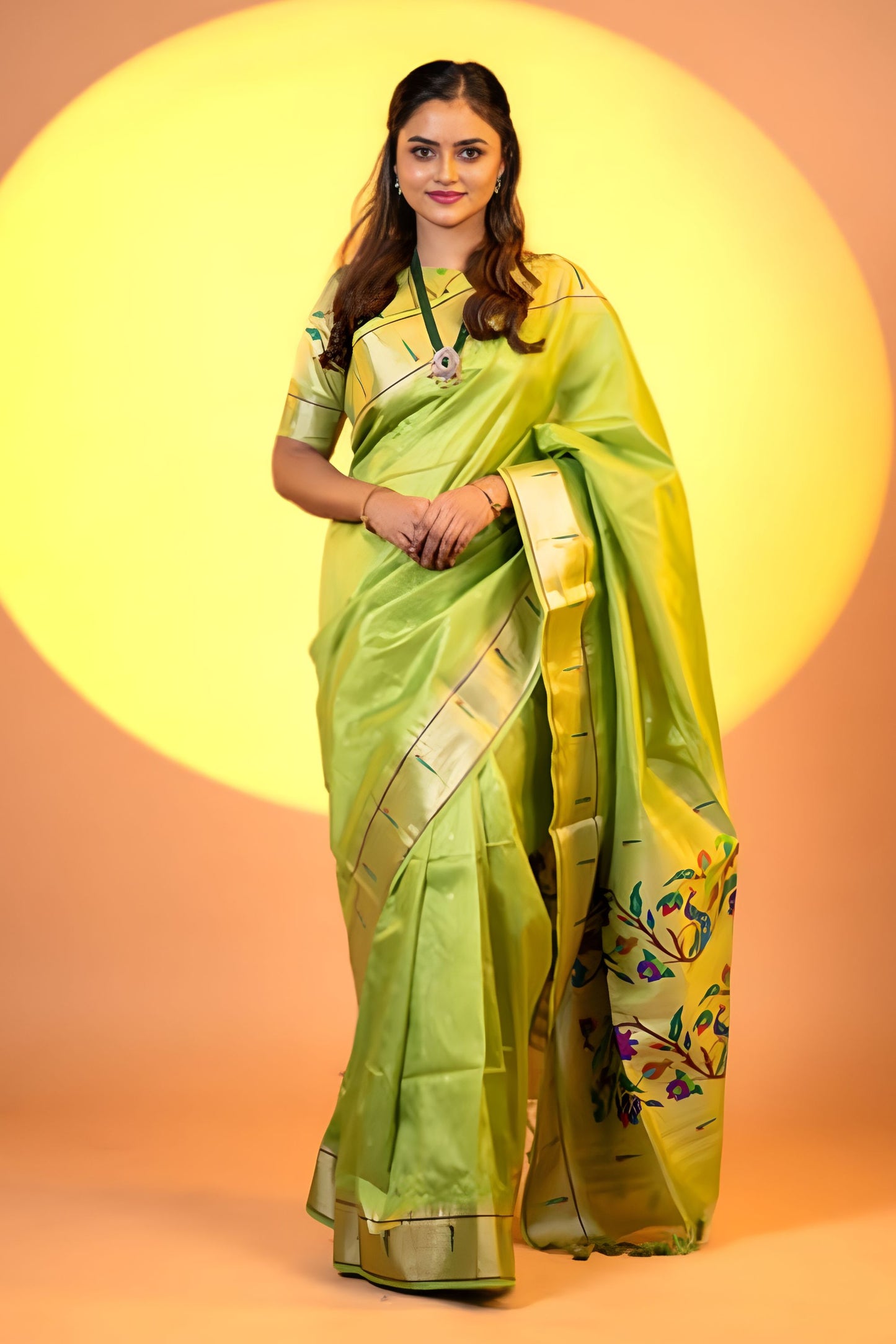 Parrot Green Paithani Silk Saree with Golden Zari Border Floral Pallu
