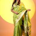 Parrot Green Paithani Silk Saree with Golden Zari Border Floral Pallu