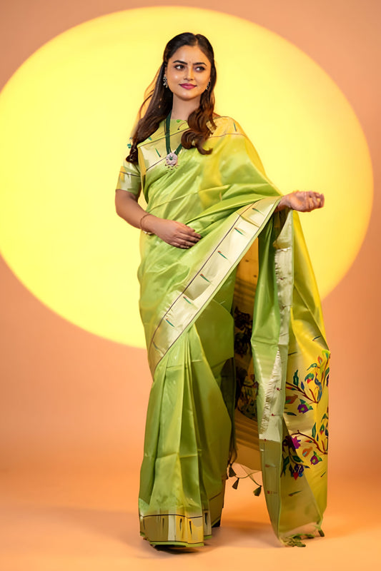 Parrot Green Paithani Silk Saree with Golden Zari Border Floral Pallu