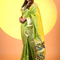 Parrot Green Paithani Silk Saree with Golden Zari Border Floral Pallu