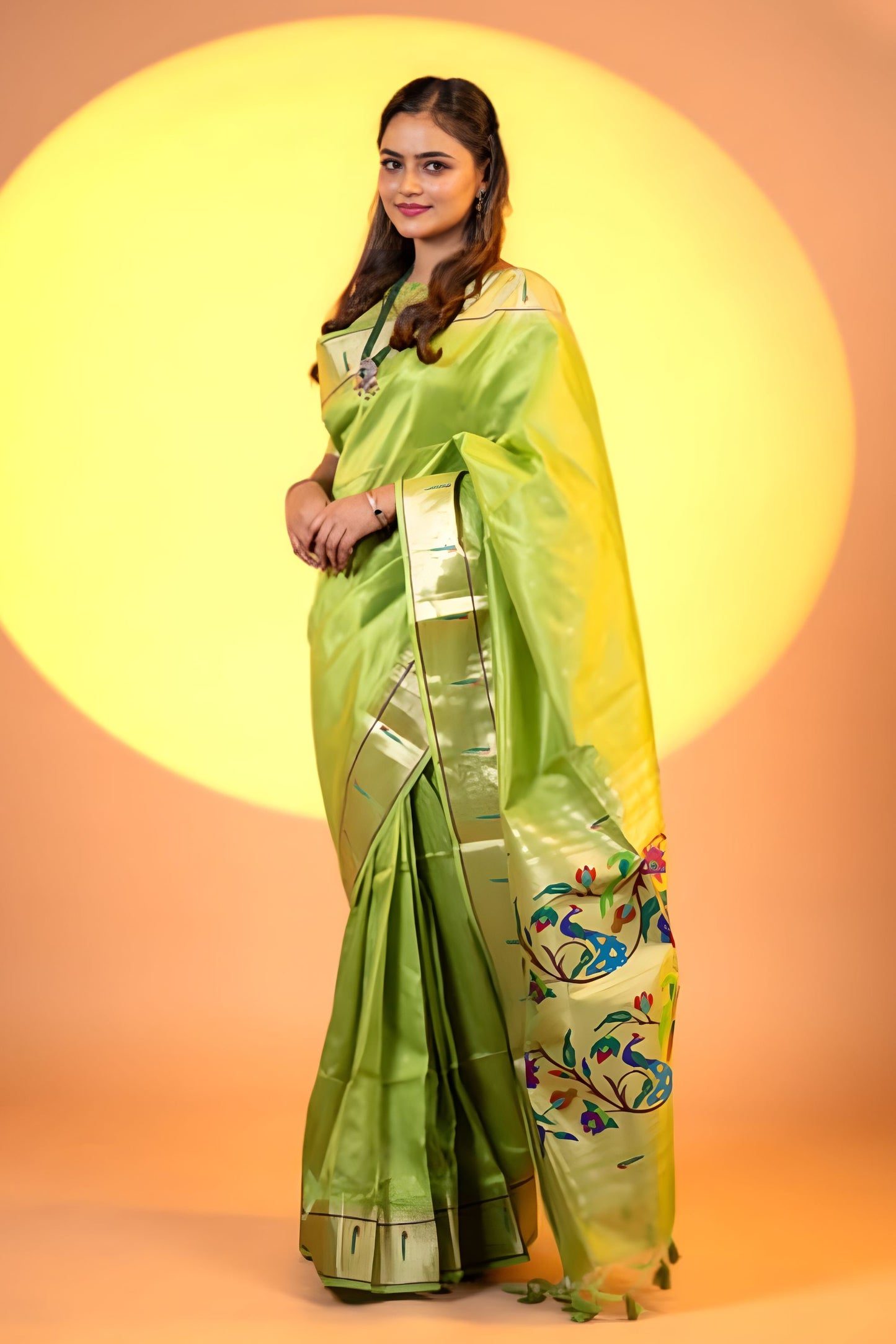 Parrot Green Paithani Silk Saree with Golden Zari Border Floral Pallu