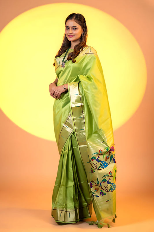 Parrot Green Paithani Silk Saree with Golden Zari Border Floral Pallu