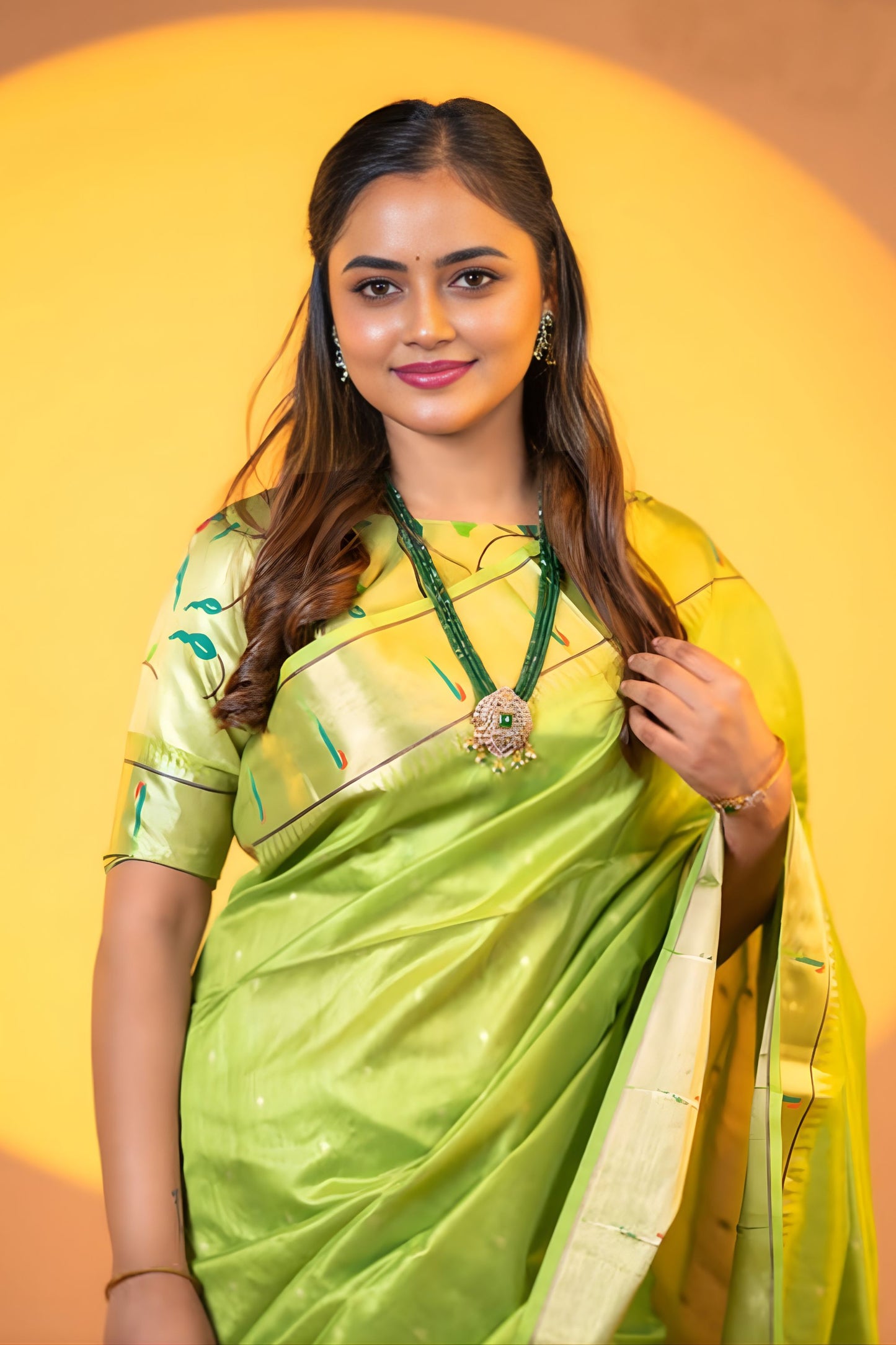 Parrot Green Paithani Silk Saree with Golden Zari Border Floral Pallu