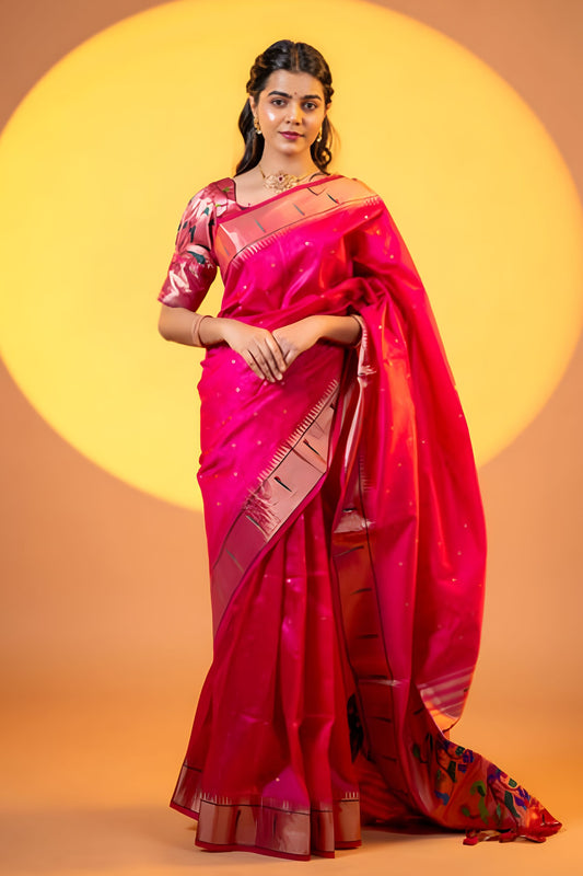 Rani Pink Paithani Silk Saree with Golden Zari Border Rich Designer Pallu