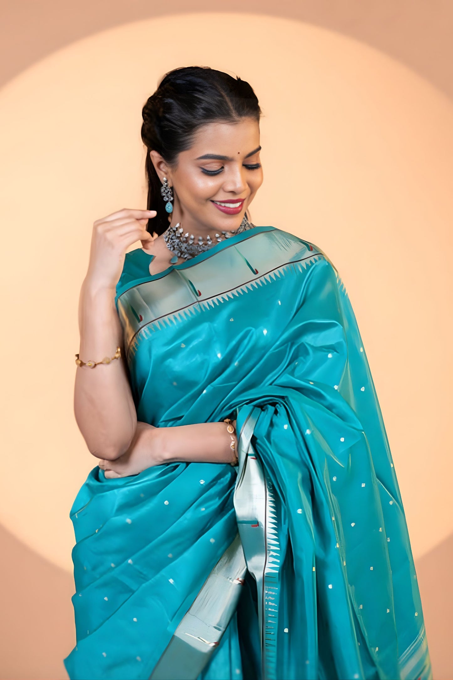 Teal Blue Paithani Silk Saree with Silver Zari Border Floral Pallu