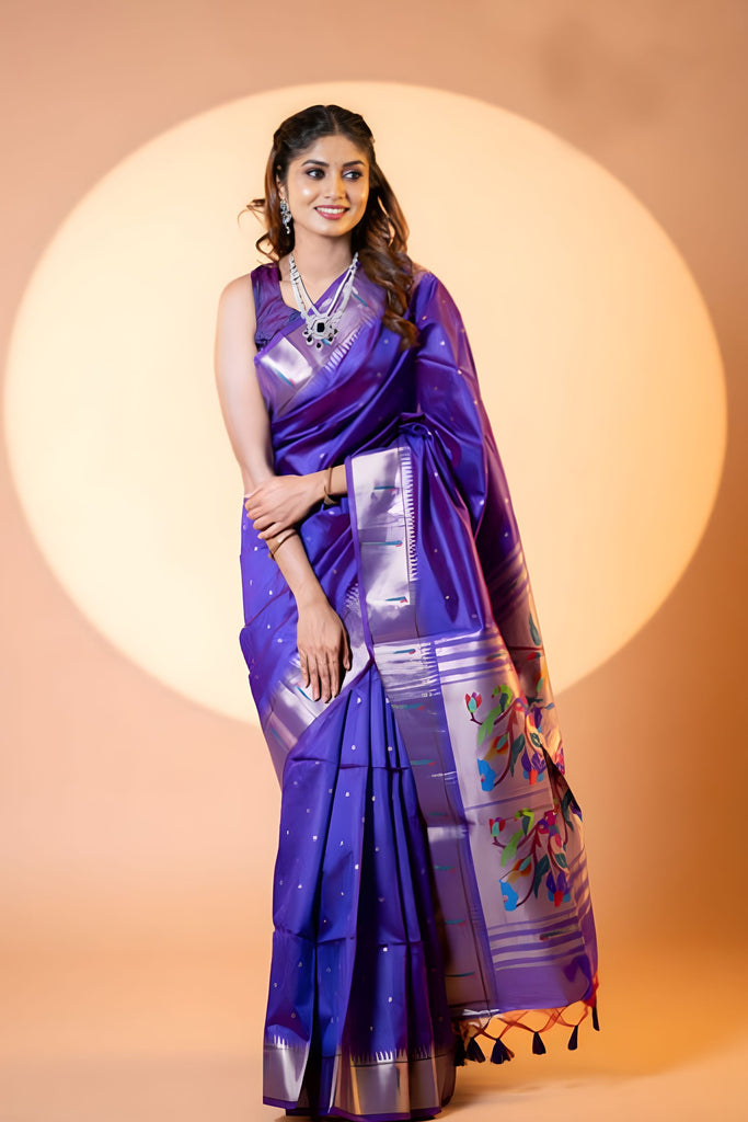 Royal Purple Paithani Silk Saree with Silver Zari Border Designer Pallu