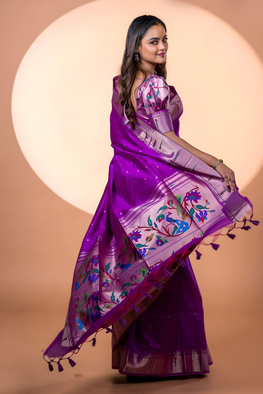 Purple Paithani Silk Saree with Silver Zari Border Rich Designer Pallu