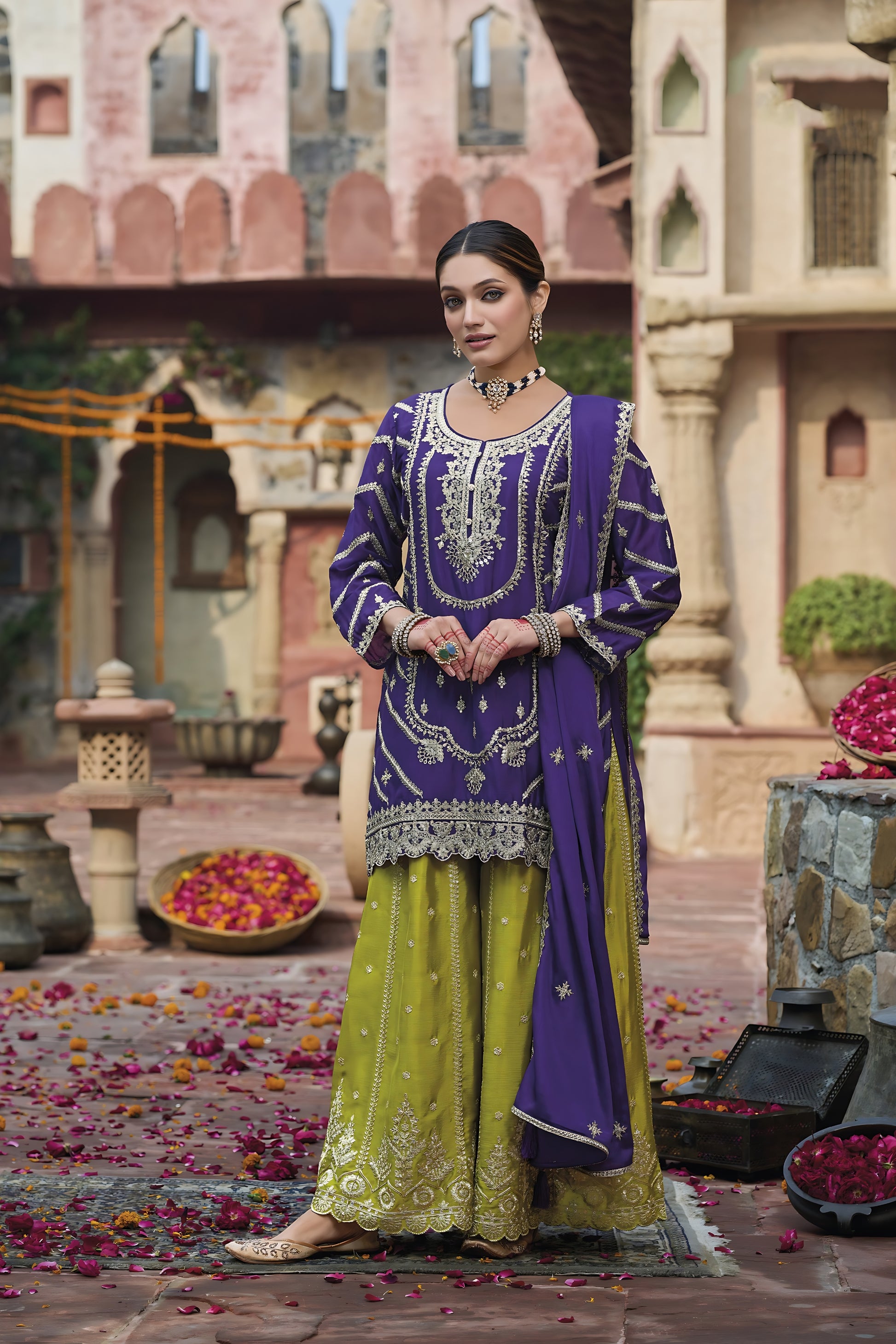 Stunning Purple Readymade Chinon Palazzo Suit with Dupatta for Women