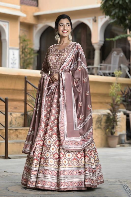 Elegant Mauve Digital Printed Dola Silk Lehenga Choli with Designer Dupatta for Women