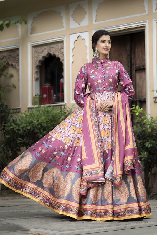 Traditional Purple Digital Printed Dola Silk Lehenga Choli with Designer Dupatta for Women