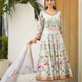 Elegant Sky Blue Floral Digital Printed Silk Satin Readymade Salwar Suit with Dupatta for Women