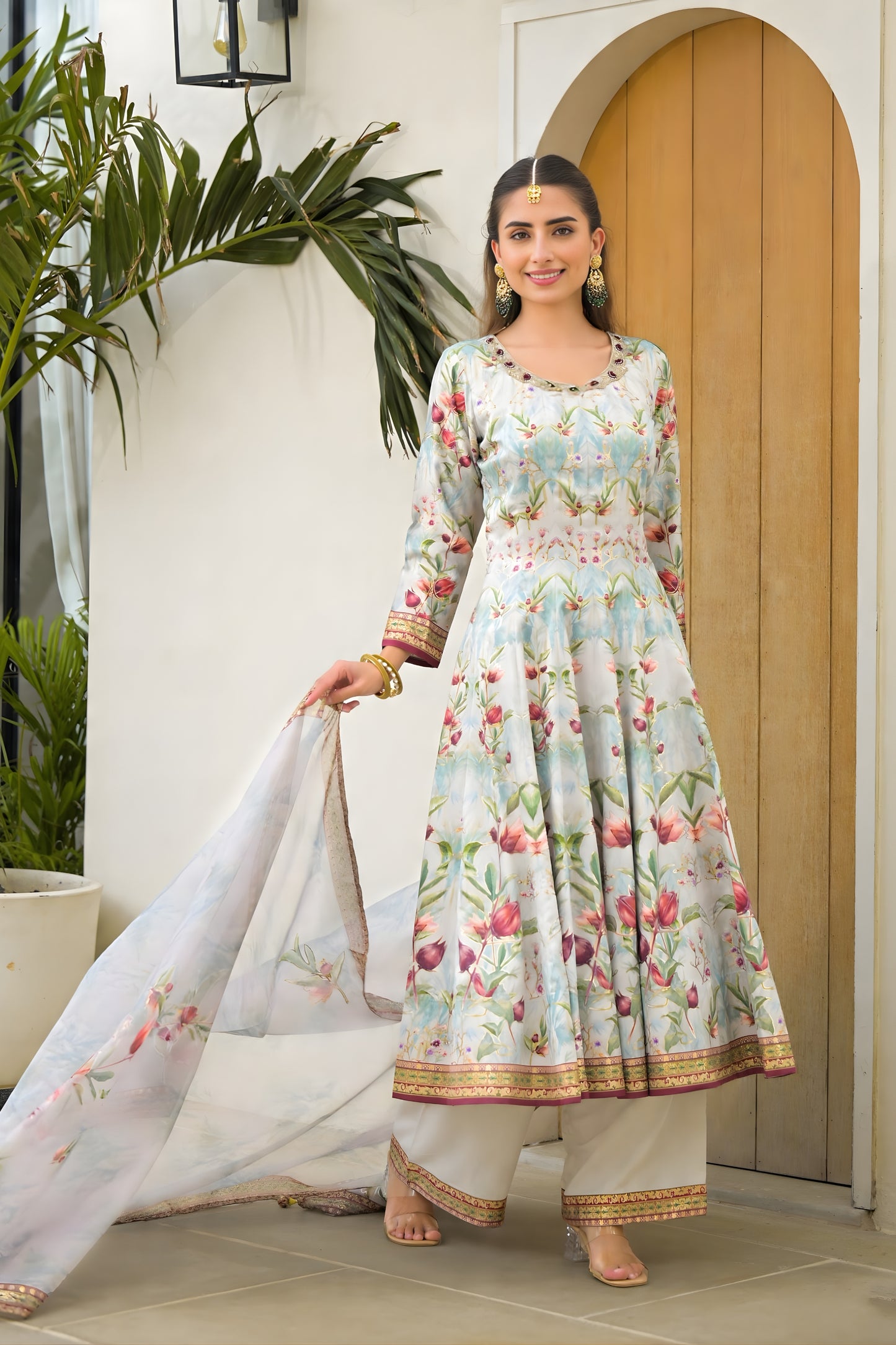 Elegant Sky Blue Floral Digital Printed Silk Satin Readymade Salwar Suit with Dupatta for Women