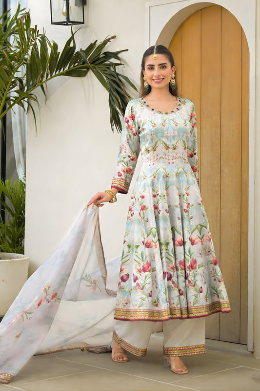 Elegant Sky Blue Floral Digital Printed Silk Satin Readymade Salwar Suit with Dupatta for Women
