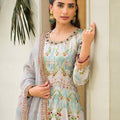 Elegant Sky Blue Floral Digital Printed Silk Satin Readymade Salwar Suit with Dupatta for Women