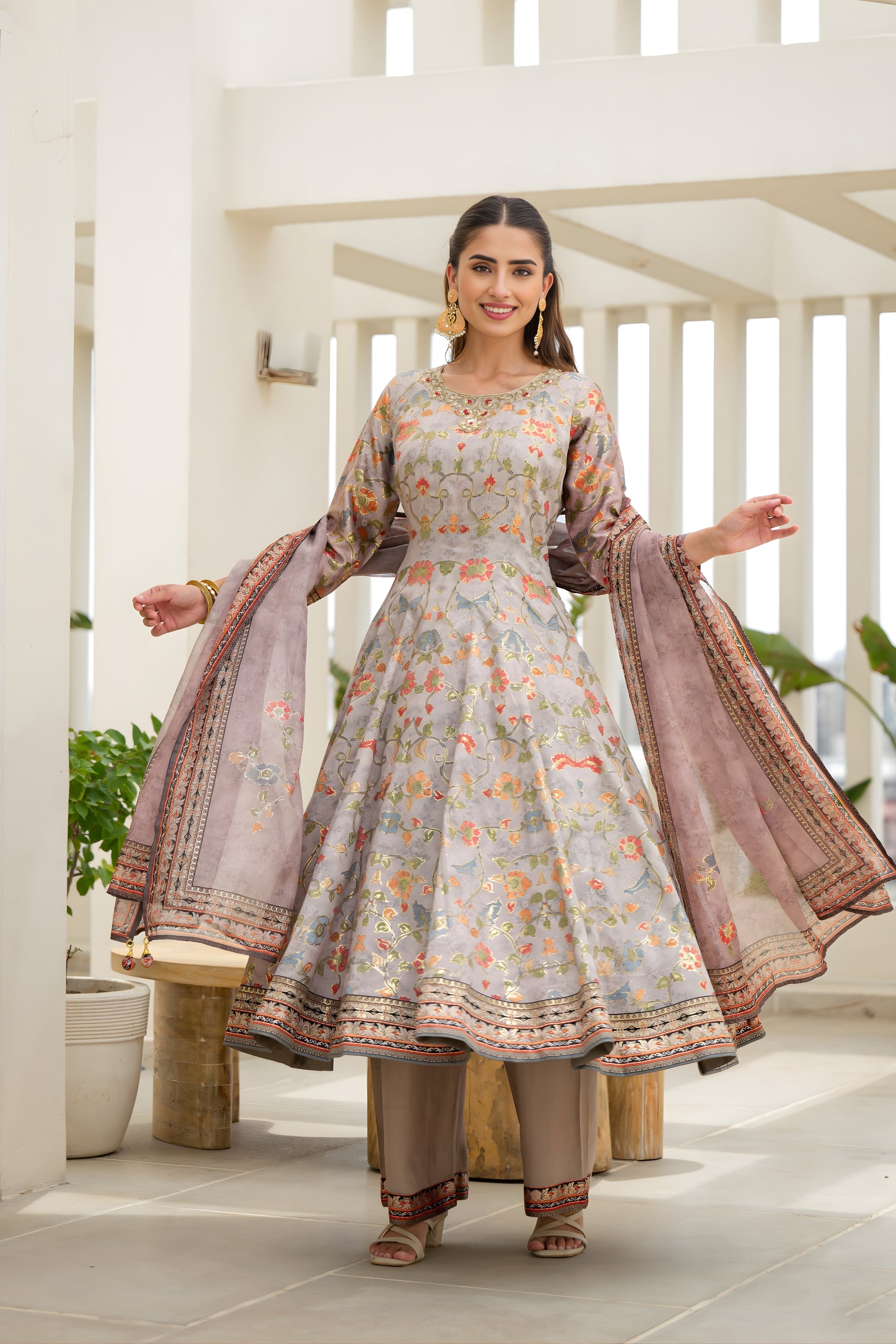 Stylish Grey Floral Digital Printed Silk Satin Readymade Salwar Suit with Dupatta for Women