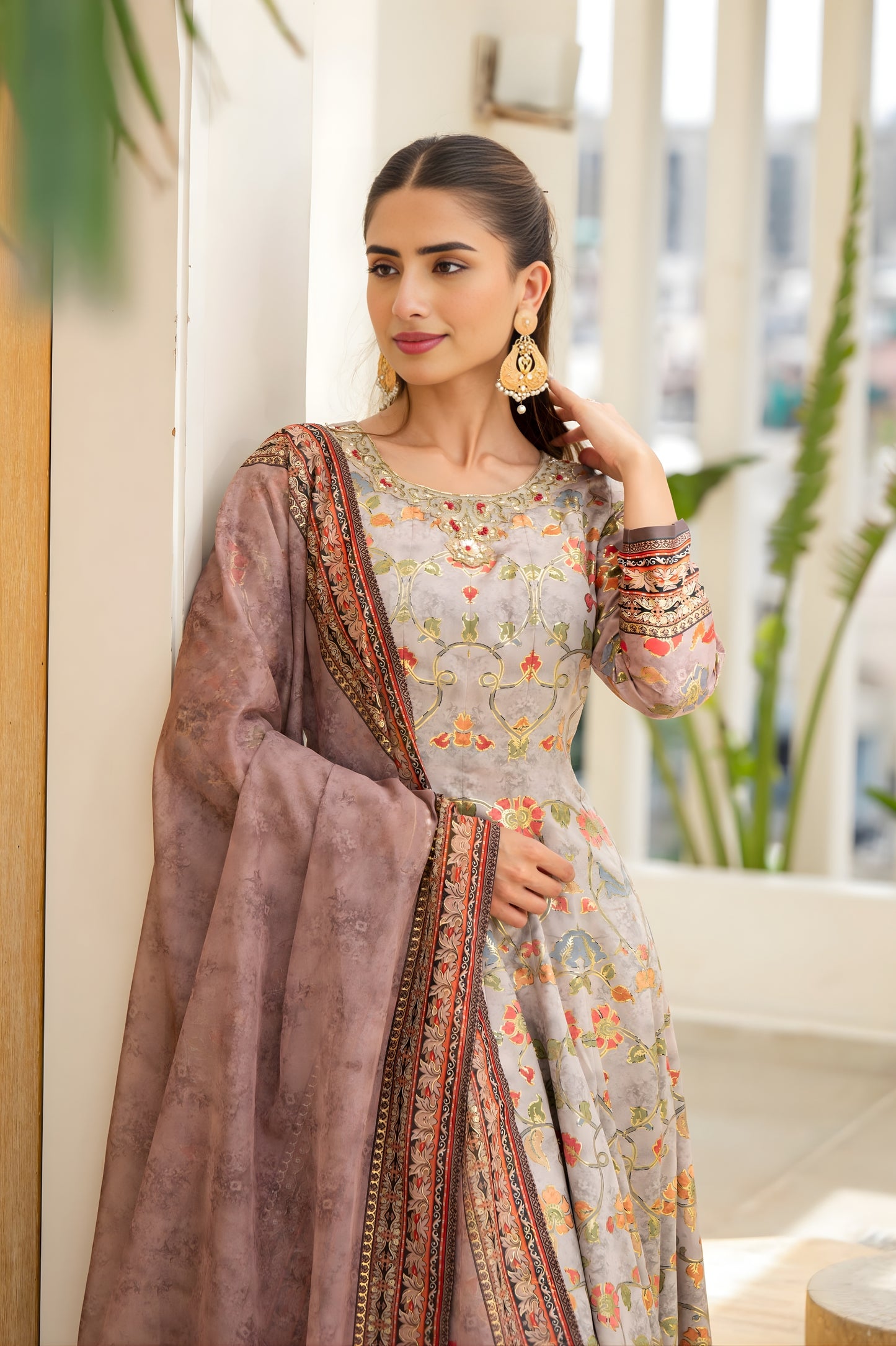 Stylish Grey Floral Digital Printed Silk Satin Readymade Salwar Suit with Dupatta for Women