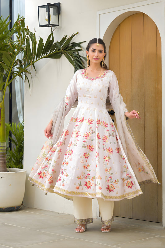 Trendy Off White Floral Digital Printed Silk Satin Readymade Salwar Suit with Dupatta for Women