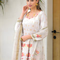 Trendy Off White Floral Digital Printed Silk Satin Readymade Salwar Suit with Dupatta for Women