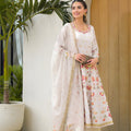 Trendy Off White Floral Digital Printed Silk Satin Readymade Salwar Suit with Dupatta for Women