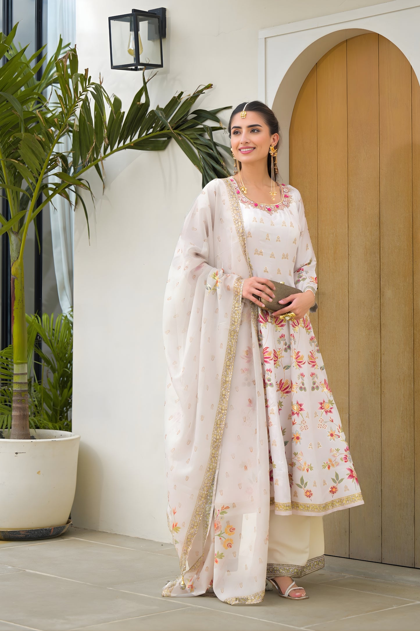 Trendy Off White Floral Digital Printed Silk Satin Readymade Salwar Suit with Dupatta for Women