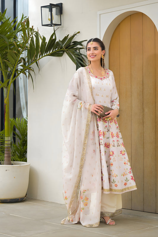 Trendy Off White Floral Digital Printed Silk Satin Readymade Salwar Suit with Dupatta for Women