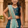 Elegant Teal Blue Peacock Embroidered Vichitra Silk Girls Lehenga Choli with Dupatta