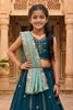 Elegant Teal Blue Peacock Embroidered Vichitra Silk Girls Lehenga Choli with Dupatta