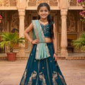 Elegant Teal Blue Peacock Embroidered Vichitra Silk Girls Lehenga Choli with Dupatta