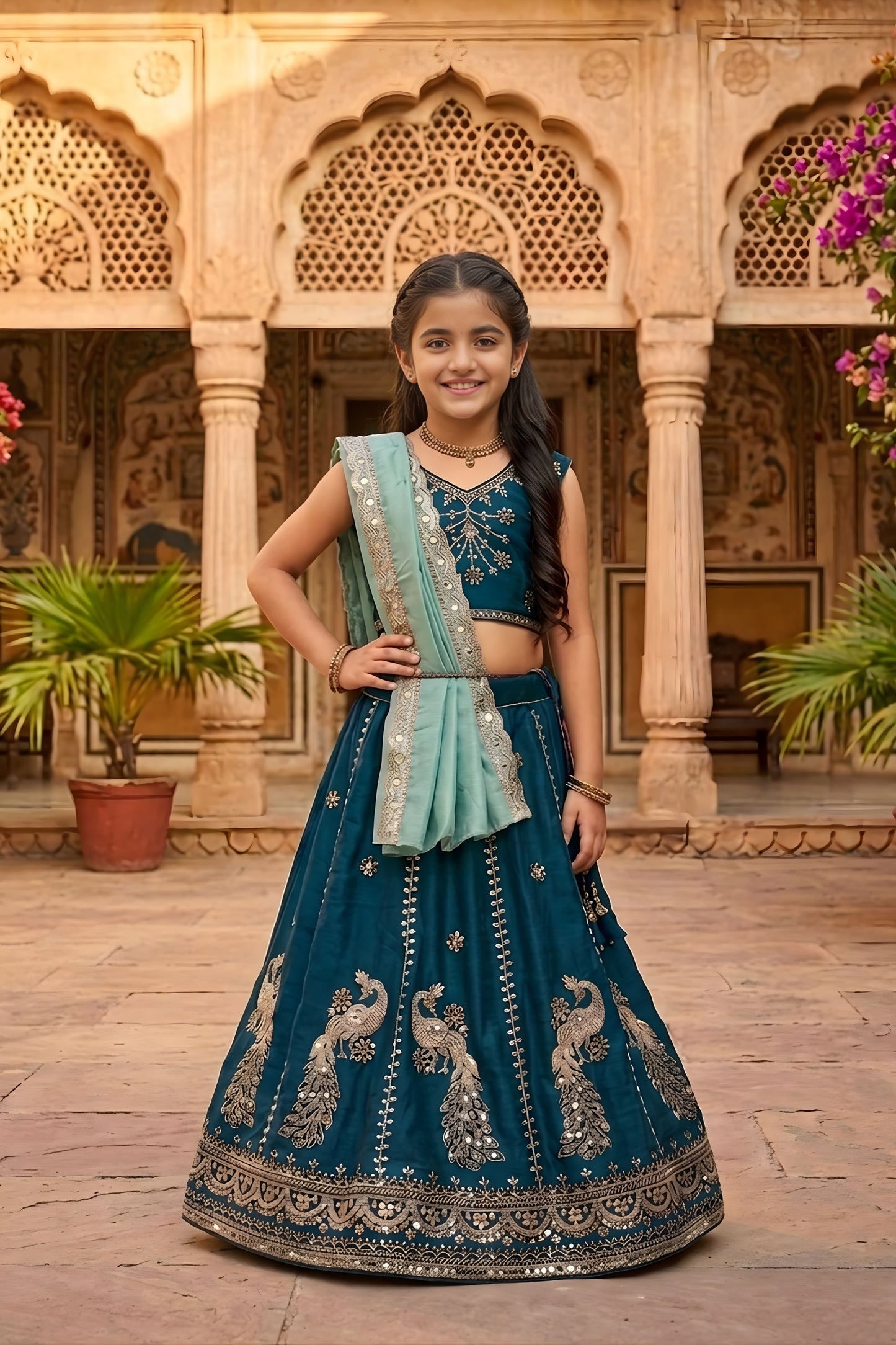 Elegant Teal Blue Peacock Embroidered Vichitra Silk Girls Lehenga Choli with Dupatta