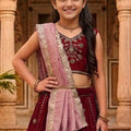 Stunning Maroon Peacock Embroidered Vichitra Silk Girls Lehenga Choli with Dupatta