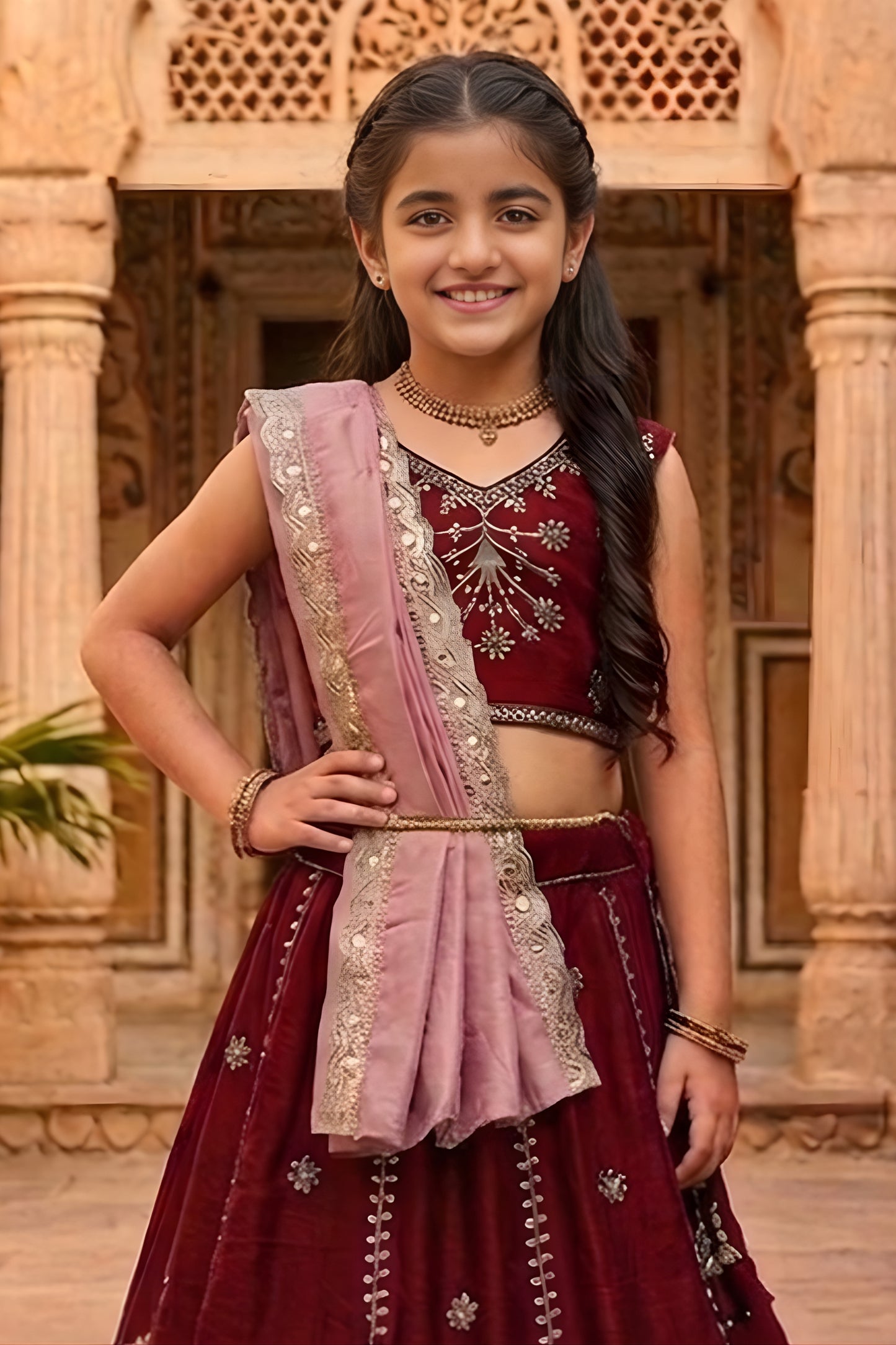 Stunning Maroon Peacock Embroidered Vichitra Silk Girls Lehenga Choli with Dupatta