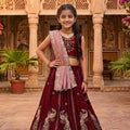 Stunning Maroon Peacock Embroidered Vichitra Silk Girls Lehenga Choli with Dupatta