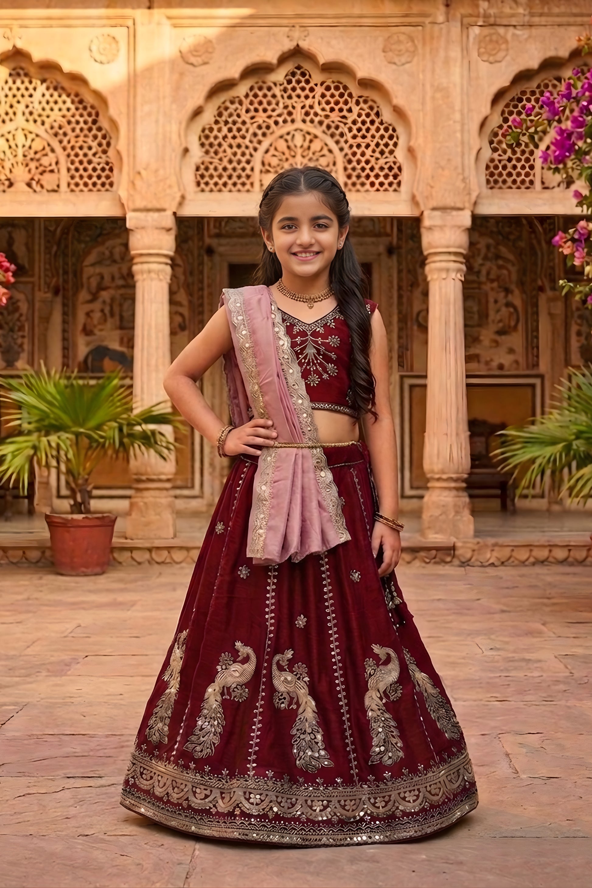Stunning Maroon Peacock Embroidered Vichitra Silk Girls Lehenga Choli with Dupatta