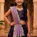 Traditional Purple Peacock Embroidered Vichitra Silk Girls Lehenga Choli with Dupatta