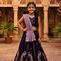 Traditional Purple Peacock Embroidered Vichitra Silk Girls Lehenga Choli with Dupatta