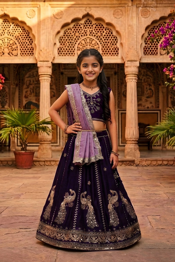 Traditional Purple Peacock Embroidered Vichitra Silk Girls Lehenga Choli with Dupatta