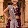 Trendy Wine Peacock Embroidered Vichitra Silk Girls Lehenga Choli with Dupatta