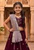 Trendy Wine Peacock Embroidered Vichitra Silk Girls Lehenga Choli with Dupatta