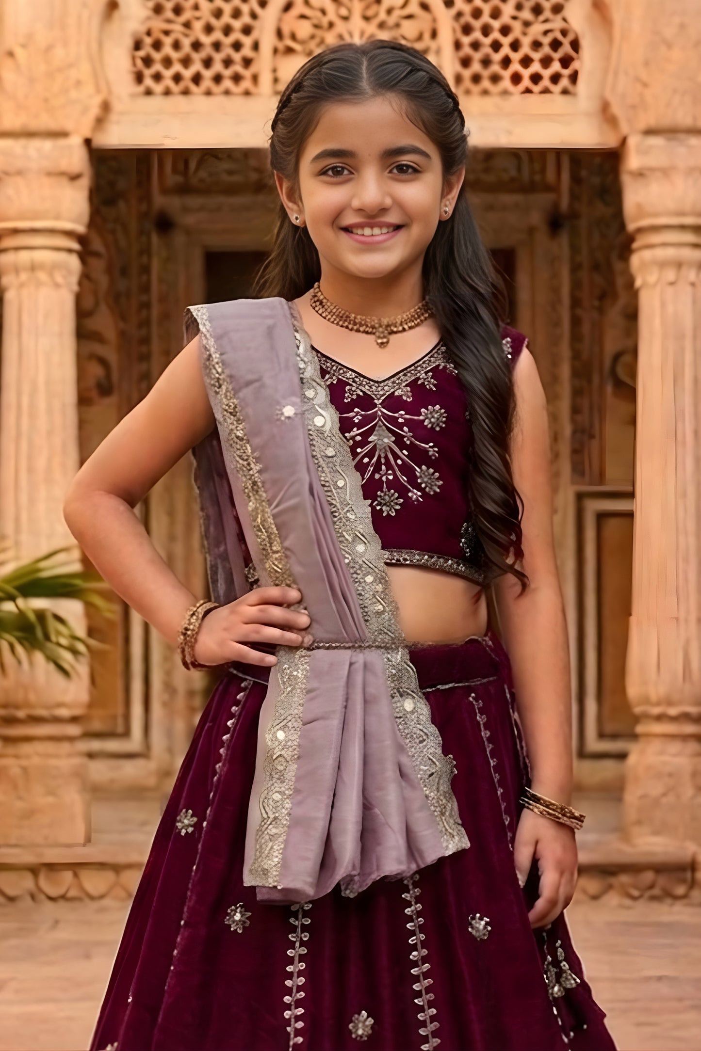 Trendy Wine Peacock Embroidered Vichitra Silk Girls Lehenga Choli with Dupatta