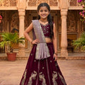 Trendy Wine Peacock Embroidered Vichitra Silk Girls Lehenga Choli with Dupatta