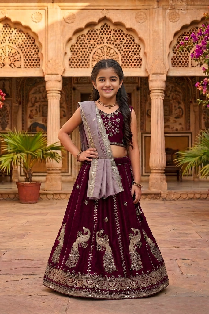 Trendy Wine Peacock Embroidered Vichitra Silk Girls Lehenga Choli with Dupatta
