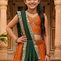 Festive Orange Peacock Embroidered Vichitra Silk Girls Lehenga Choli with Dupatta