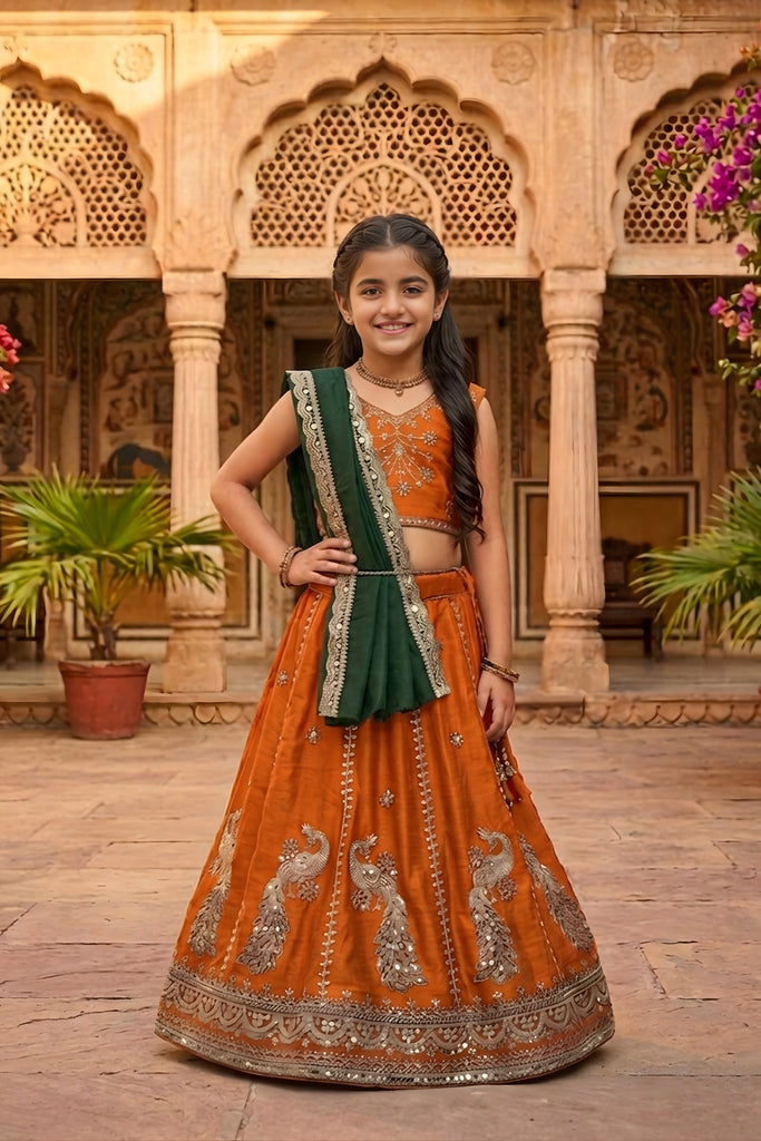 Festive Orange Peacock Embroidered Vichitra Silk Girls Lehenga Choli with Dupatta