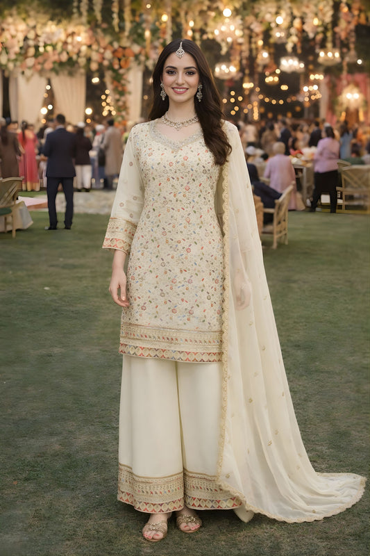 Elegant Off White Georgette Heavy Embroidered Pakistani Palazzo Suit