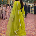 Elegant Lime Green Viscose Jacquard Anarkali Suit Heavy Embroidery Net Dupatta