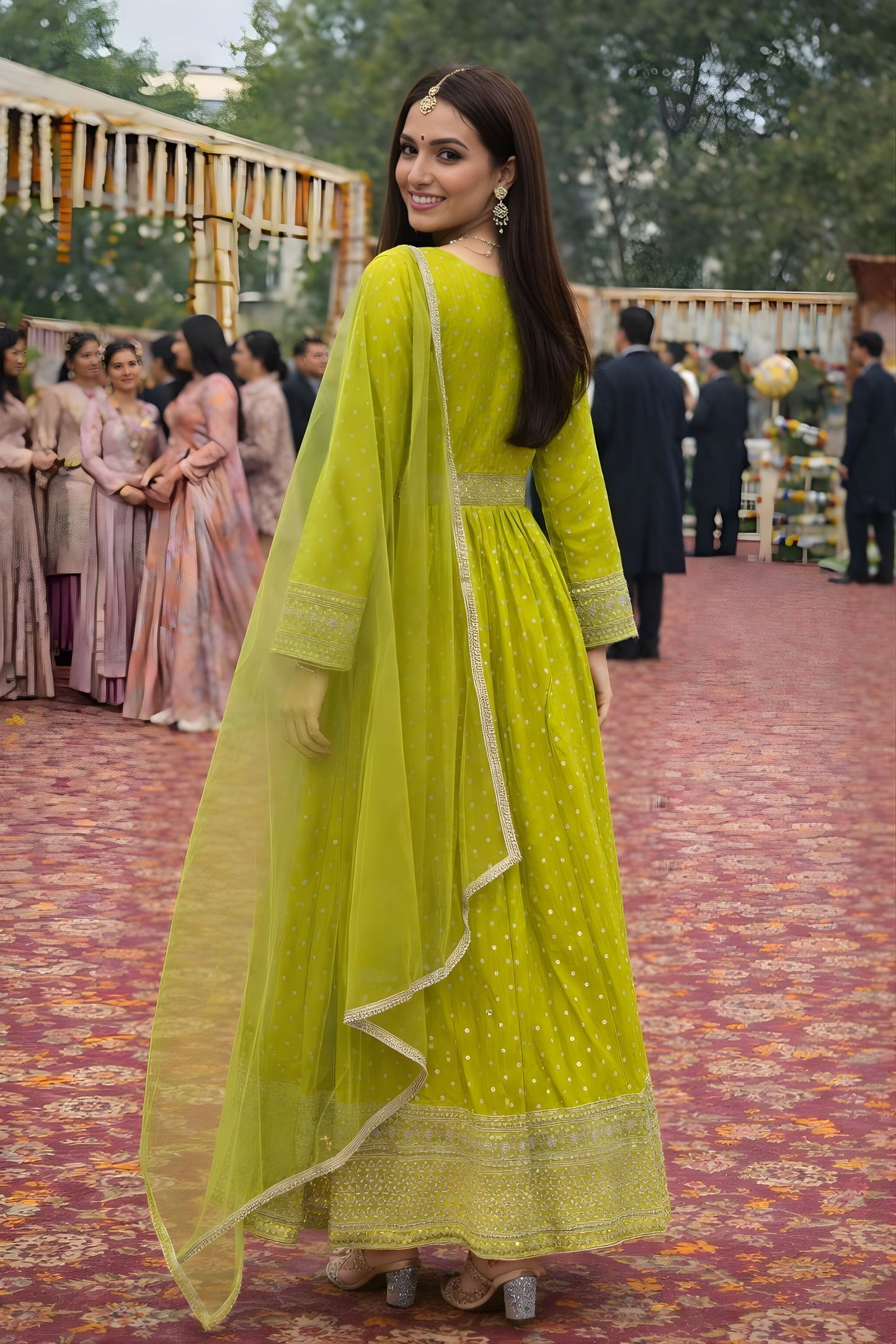 Elegant Lime Green Viscose Jacquard Anarkali Suit Heavy Embroidery Net Dupatta