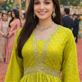 Elegant Lime Green Viscose Jacquard Anarkali Suit Heavy Embroidery Net Dupatta