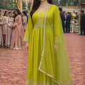 Elegant Lime Green Viscose Jacquard Anarkali Suit Heavy Embroidery Net Dupatta