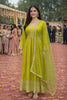 Elegant Lime Green Viscose Jacquard Anarkali Suit Heavy Embroidery Net Dupatta